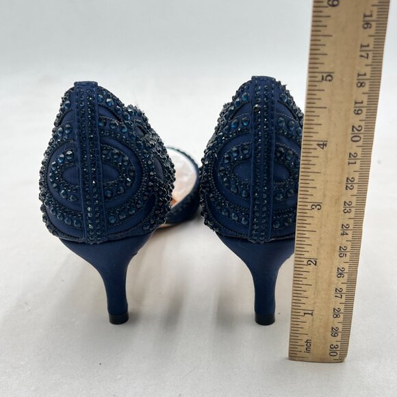 XYD Navy Elegant Pointed Toe D'Orsay Kitten Heel Rhinestone Studs Slip-On Pump - Picture 5 of 8